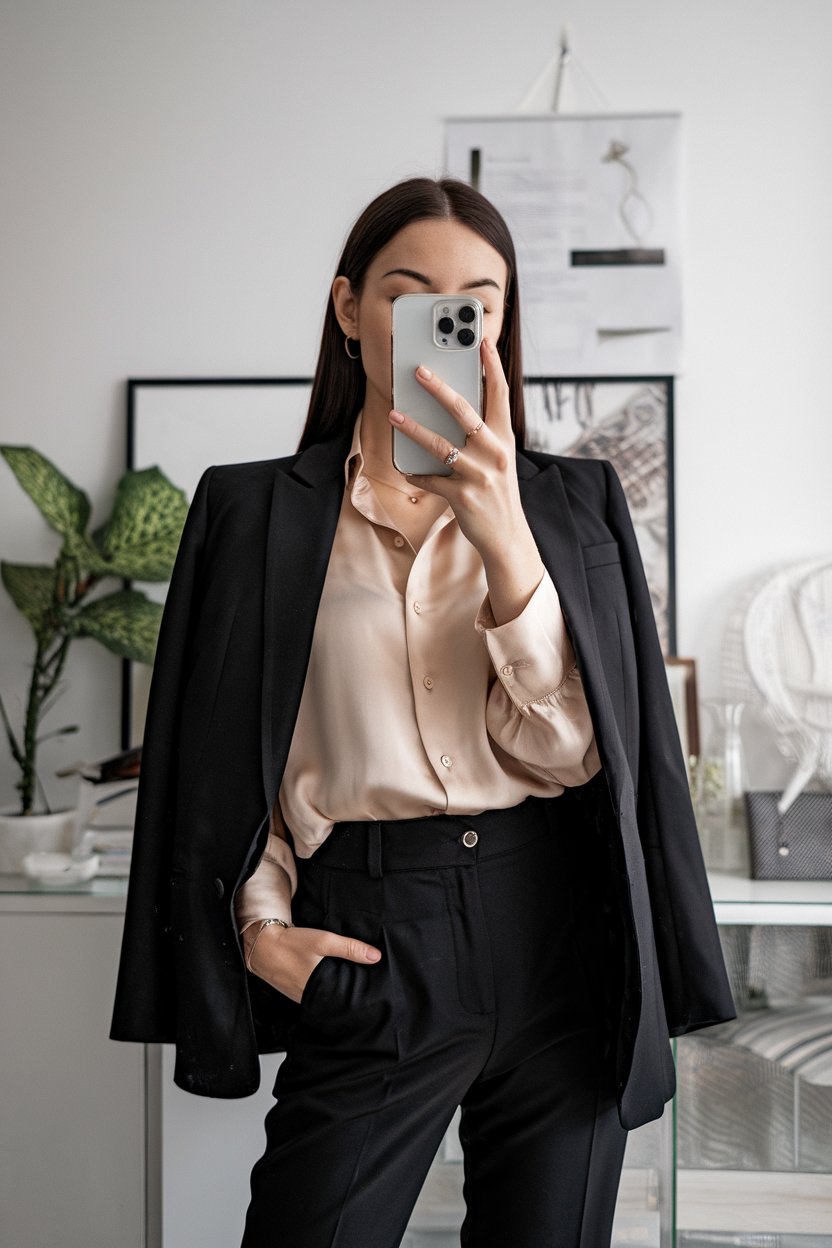 Japanese woman taking a mirror selfie wearing a
silk blouse layered under a blazer, sleek office environment — women silk blouse business outfits.
