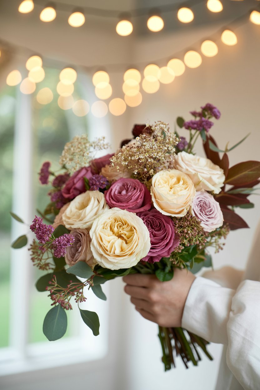 Dahlia-filled bouquet with garden roses and eucalyptus.