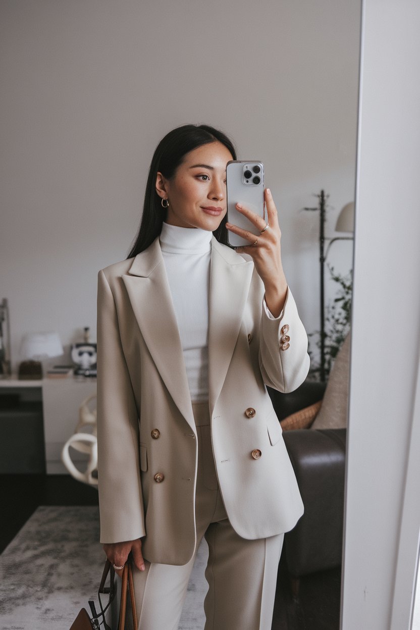 Japanese woman taking a mirror selfie wearing a
neutral slim turtleneck office look with clean tailoring, elegant professional space — women business turtleneck outfits.