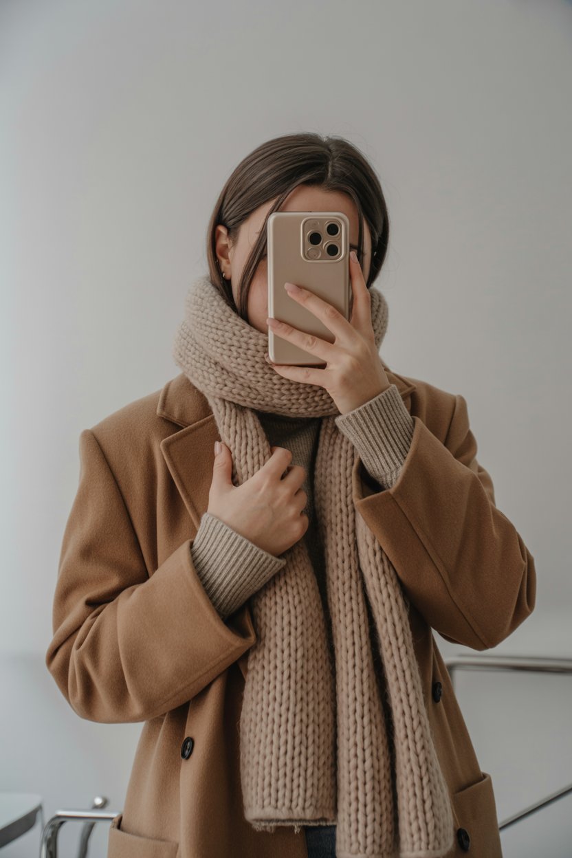 Young woman taking a mirror selfie in a practical
winter office outfit with a wool coat, thick knit, and an oversized scarf. Her face is not shown, creating a warm and stylish winter look.