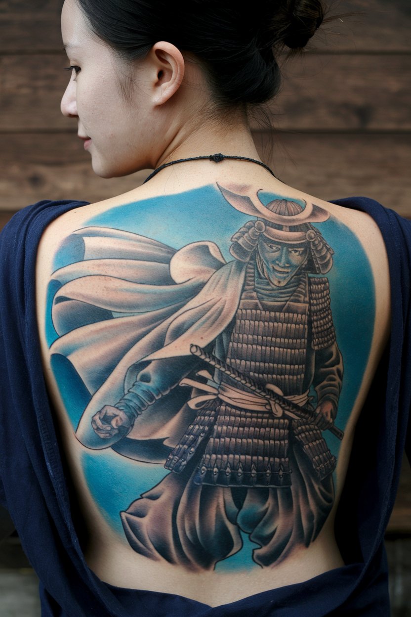 Samurai Tattoo leg A detailed leg tattoo featuring a traditional Japanese geisha with vibrant colors and intricate designs