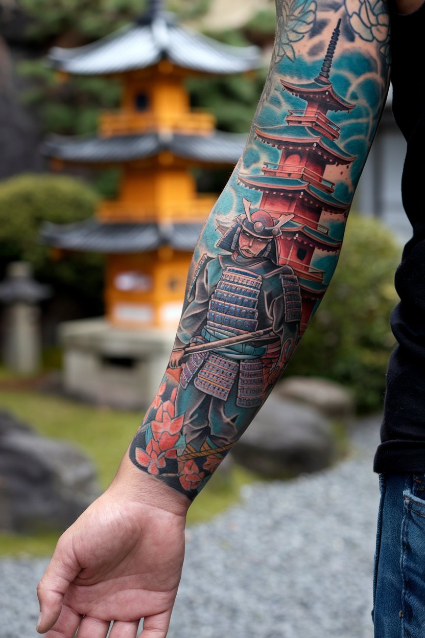 "Samurai Tattoo forearm A detailed forearm
tattoo featuring a samurai, a pagoda, and traditional Japanese elements
