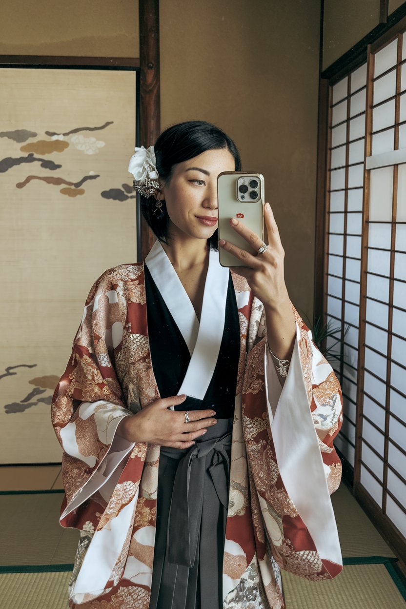 Japanese woman taking a mirror selfie in a
layered outfit with modernized kimono elements and elegant accessories — japanese women traditional clothing.