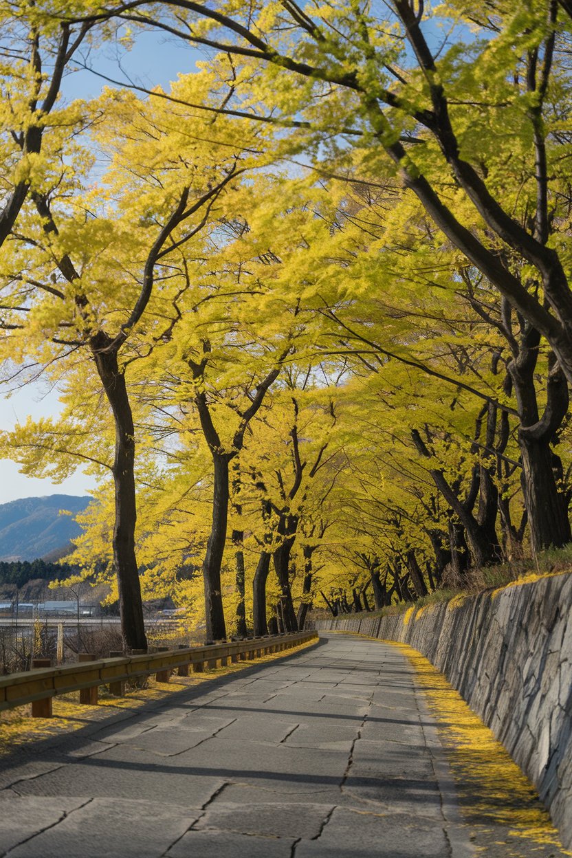 A photo of a real, yellow spring road in Japan with
trees having yellow leaves. The road is lined with these trees, and the leaves are a vibrant yellow against the blue sky. The road is paved with stone slabs. There is a wooden barrier on the left side of the road. The ground is covered with yellow leaves. The background reveals a serene landscape with mountains and a few buildings.