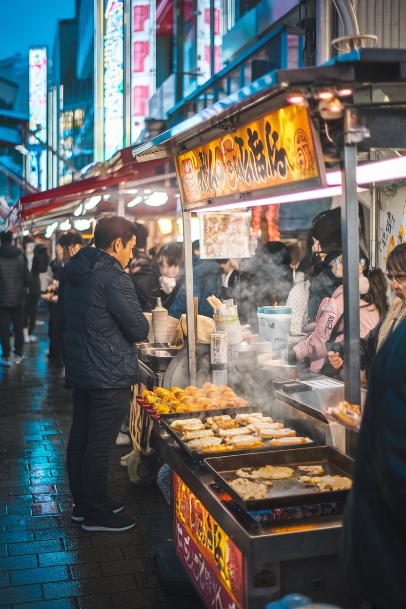 A photo of a lively Osaka street scene at night,
with a bustling food stall selling takoyaki and okonomiyaki. The stall is filled with customers, and there is a sizzling street grill. The background is filled with glowing neon signs and reflections of colorful lights on wet pavement. Steam is rising from hot plates. The atmosphere is energetic and urban.