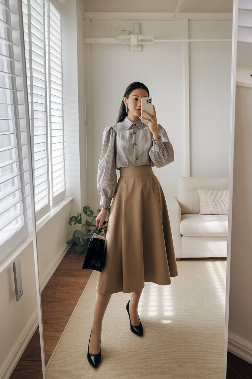 Japanese woman taking a mirror selfie wearing a
structured blouse paired with a midi skirt, bright minimalist interior — women business blouse outfits.