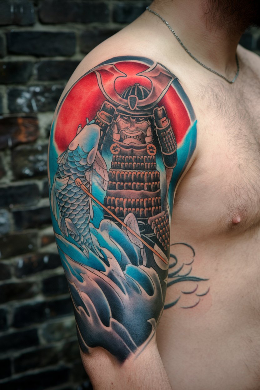 The image shows a samurai standing next to an ascending koi, representing strength and change.