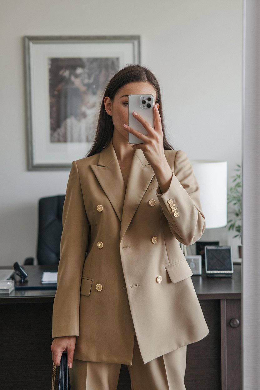 Japanese woman taking a mirror selfie wearing a
high-quality tailored blazer with minimalist styling, refined office interior — women luxury business basics.