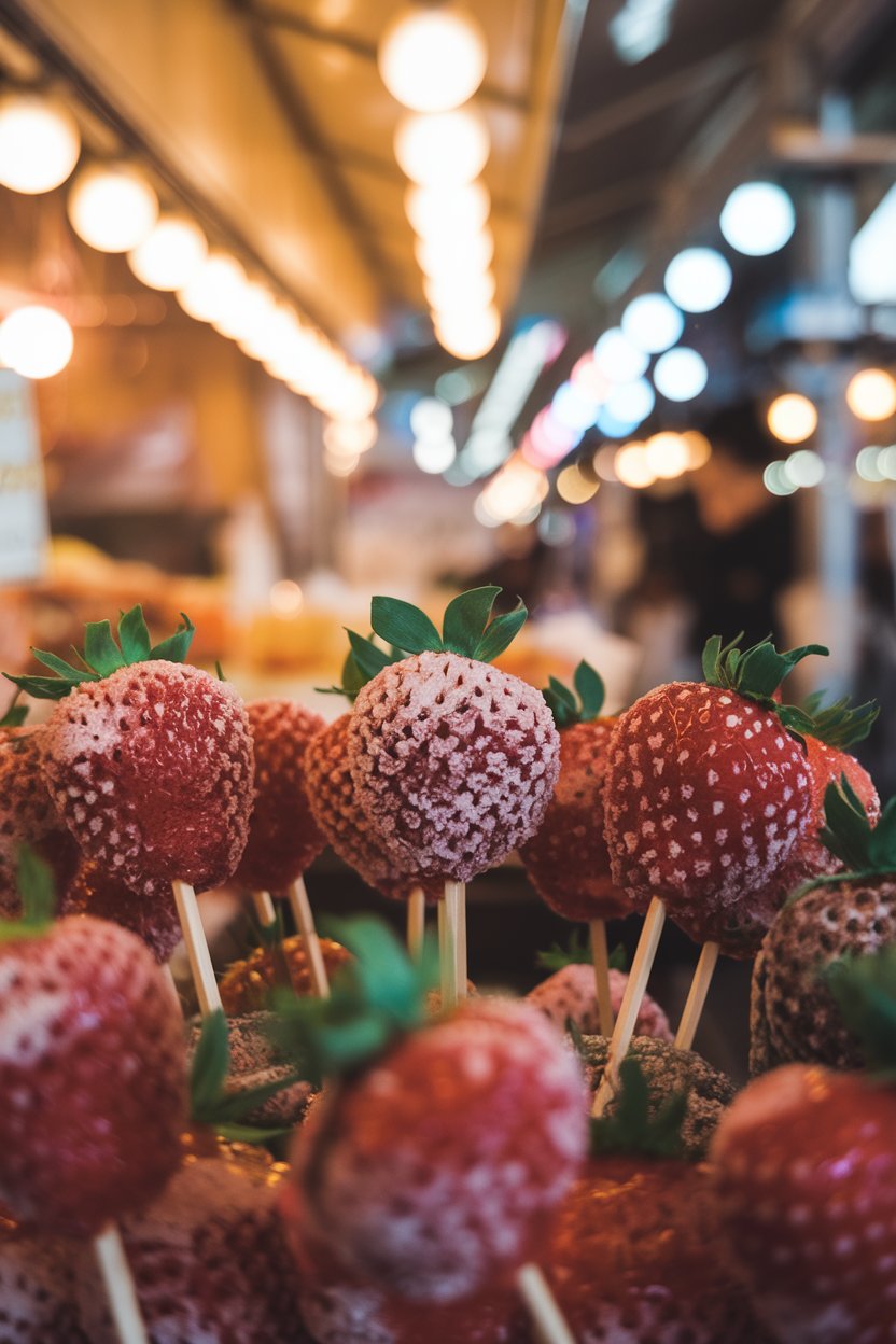 A photo of a close-up shot of Japanese candy
strawberries on sticks. The strawberries are glossy and sugar-coated. They are displayed at a local street food stand in Shinjuku Tokyo. The background has warm street lights and a vibrant market atmosphere. The presentation is inviting and colorful.