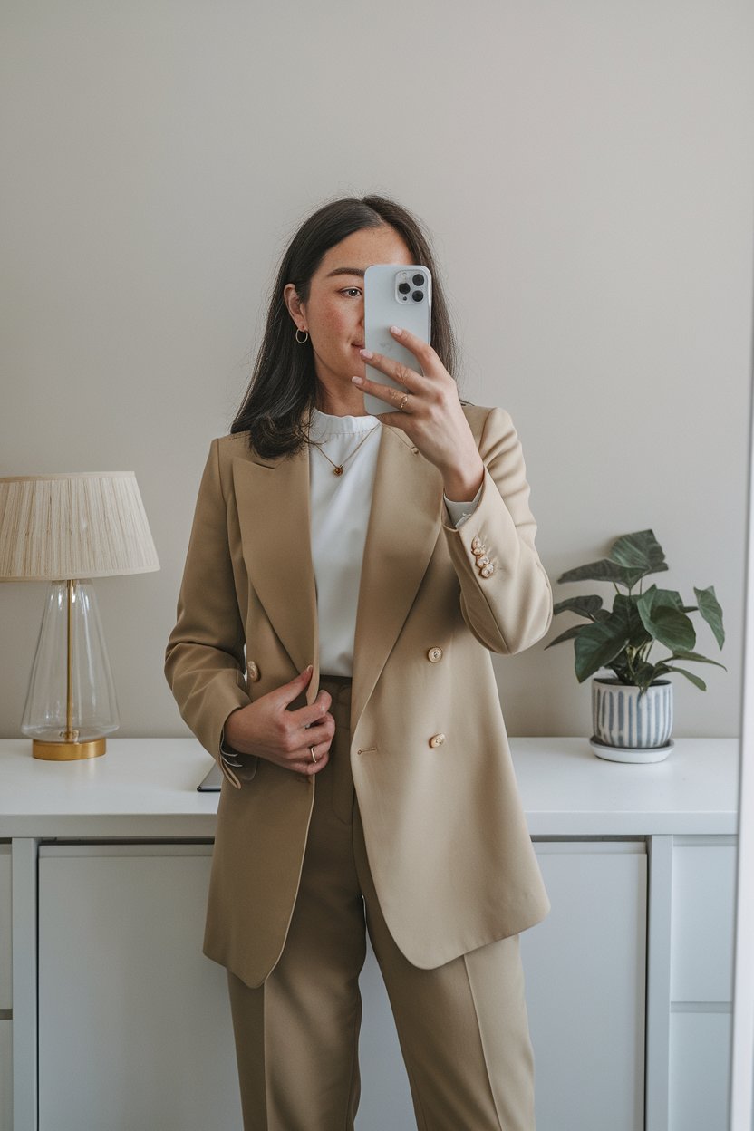 Japanese woman taking a mirror selfie wearing an
executive smart casual office outfit with professional balance, calm refined setting — women smart casual office outfits.