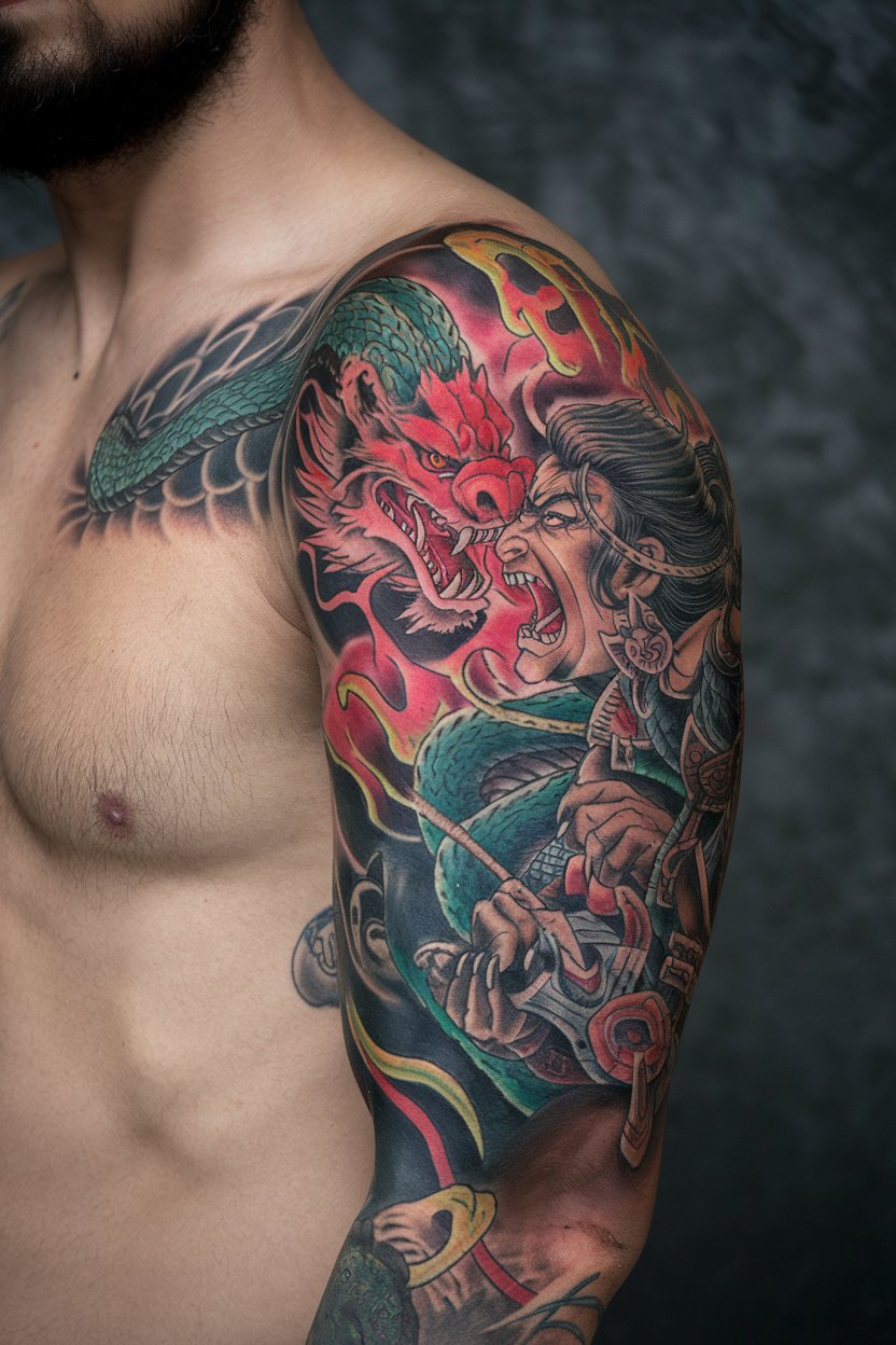 The image shows a warrior confronting a coiling dragon, full of tension and mythic energy.