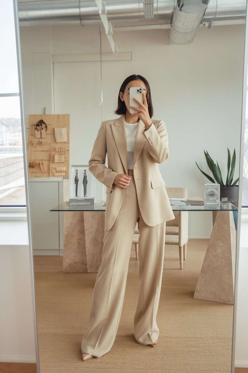 Japanese woman taking a mirror selfie wearing a
soft beige minimalist office outfit with tailored trousers, clean modern interior — women soft beige business outfits.