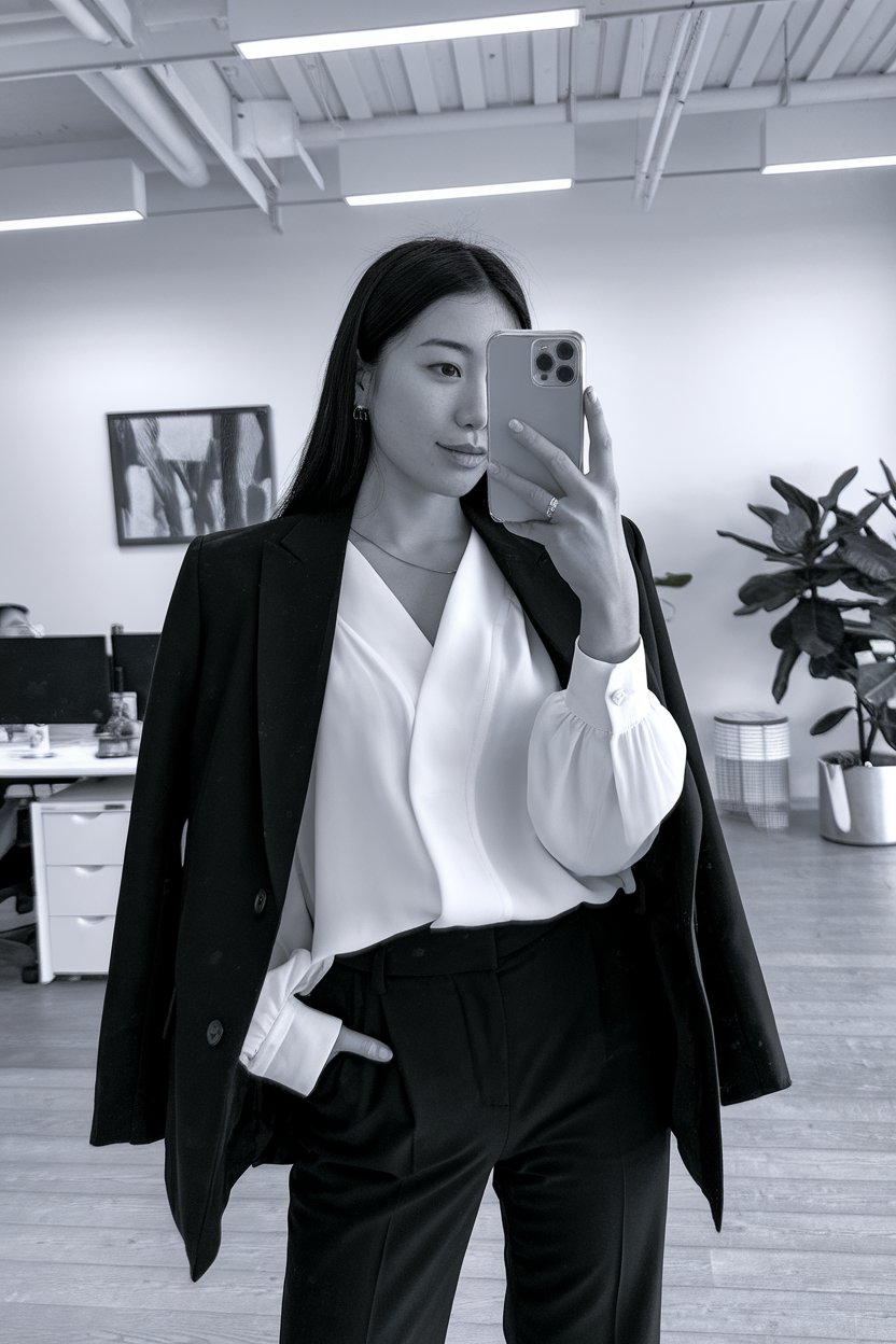 Japanese woman taking a mirror selfie wearing a
white blouse layered under a black blazer, sleek office environment — women black and white office outfits.