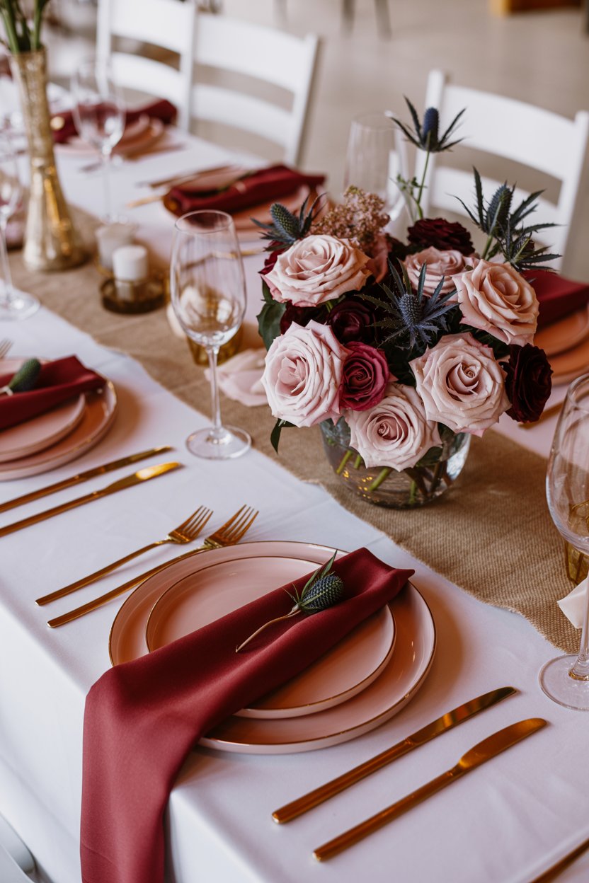 Burgundy & Mauve wedding table set up 