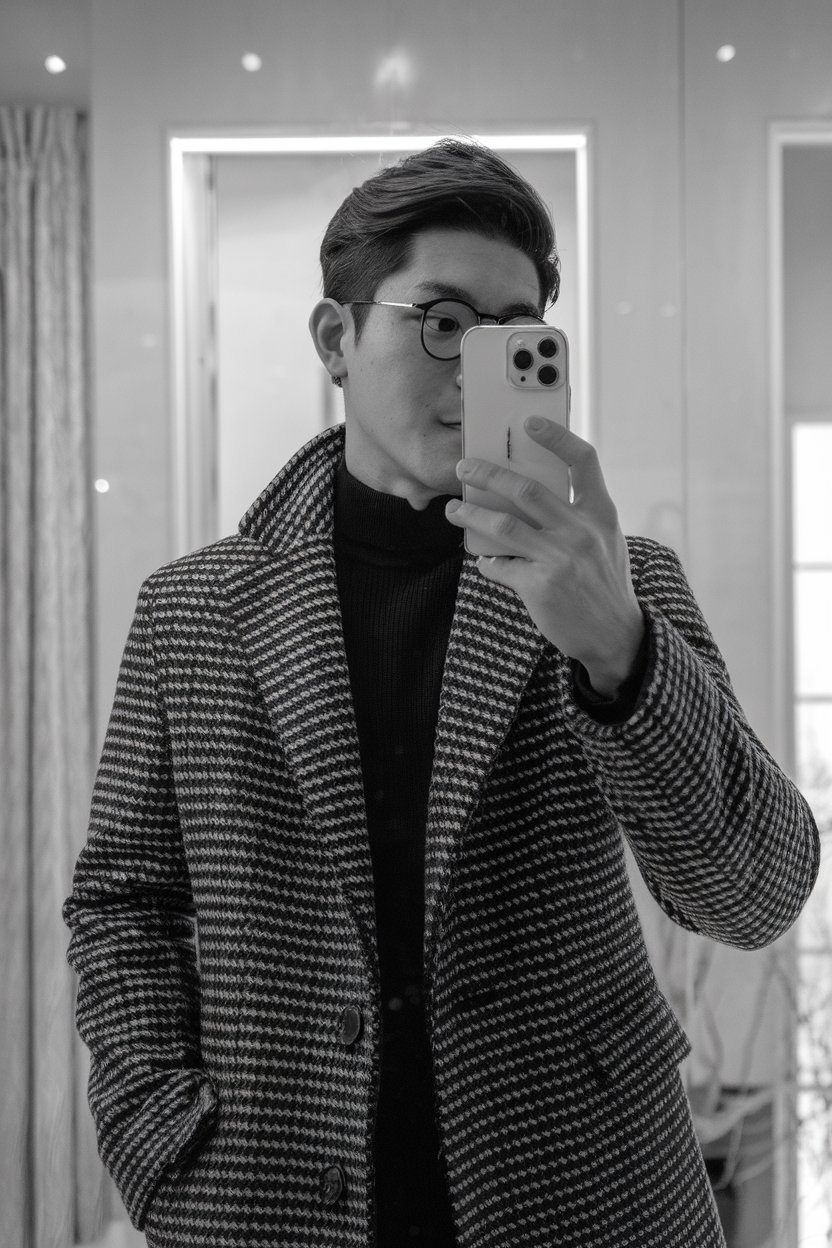 Japanese man taking a mirror selfie in a
minimalist luxury designer coat with premium wool texture and monochrome styling — tokyo mens designer fashion.