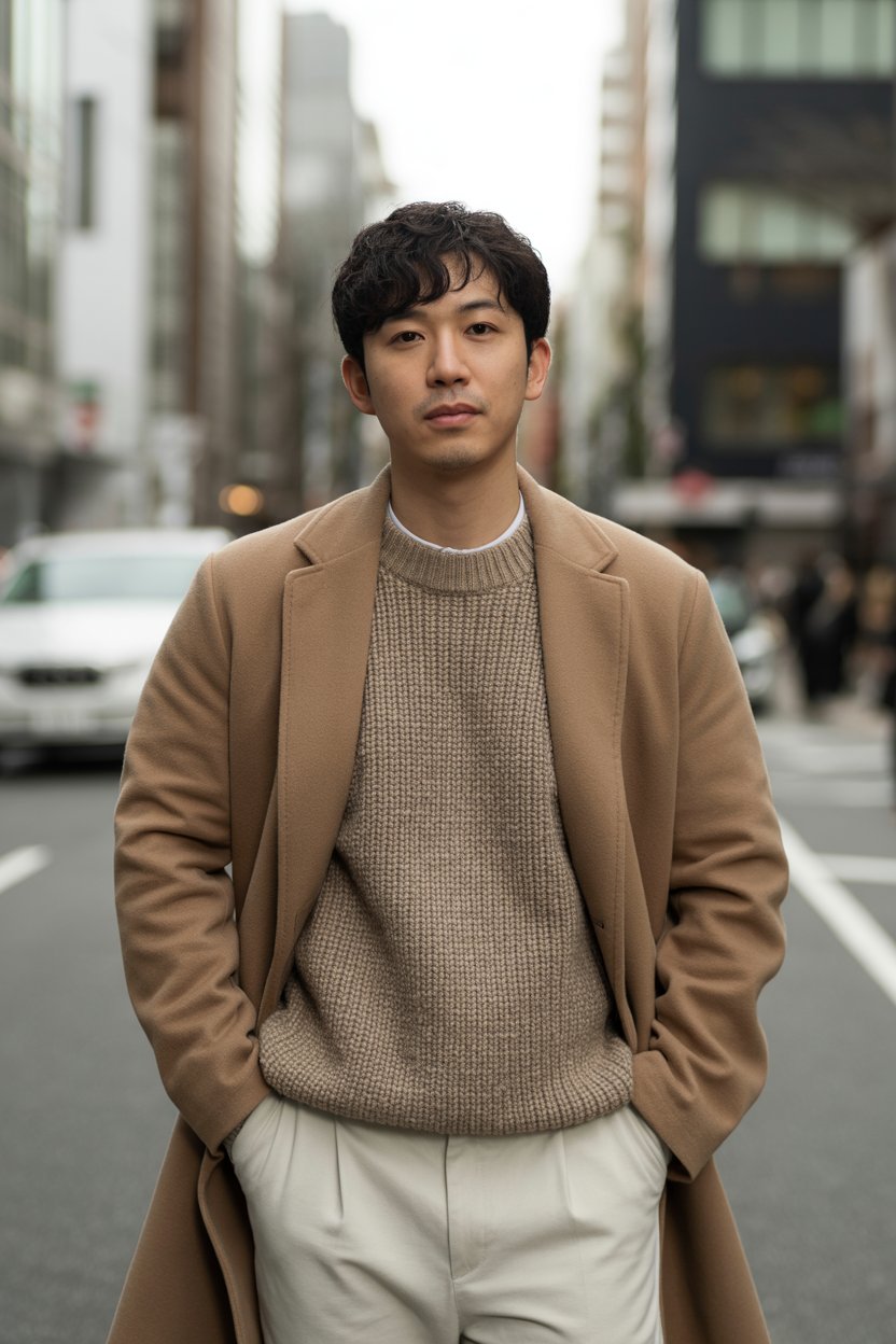 Japanese man wearing a neutral-toned winter
outfit with a beige wool coat and a soft knit sweater, posing in a clean Aoyama district street. The style feels calm, chic, and beautifully balanced. Soft natural lighting enhances the refined winter mood.