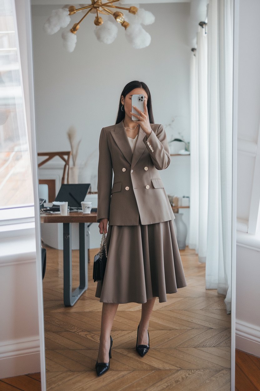 Japanese woman taking a mirror selfie wearing a
structured blazer paired with a midi skirt, elegant bright interior — women structured blazer office style.