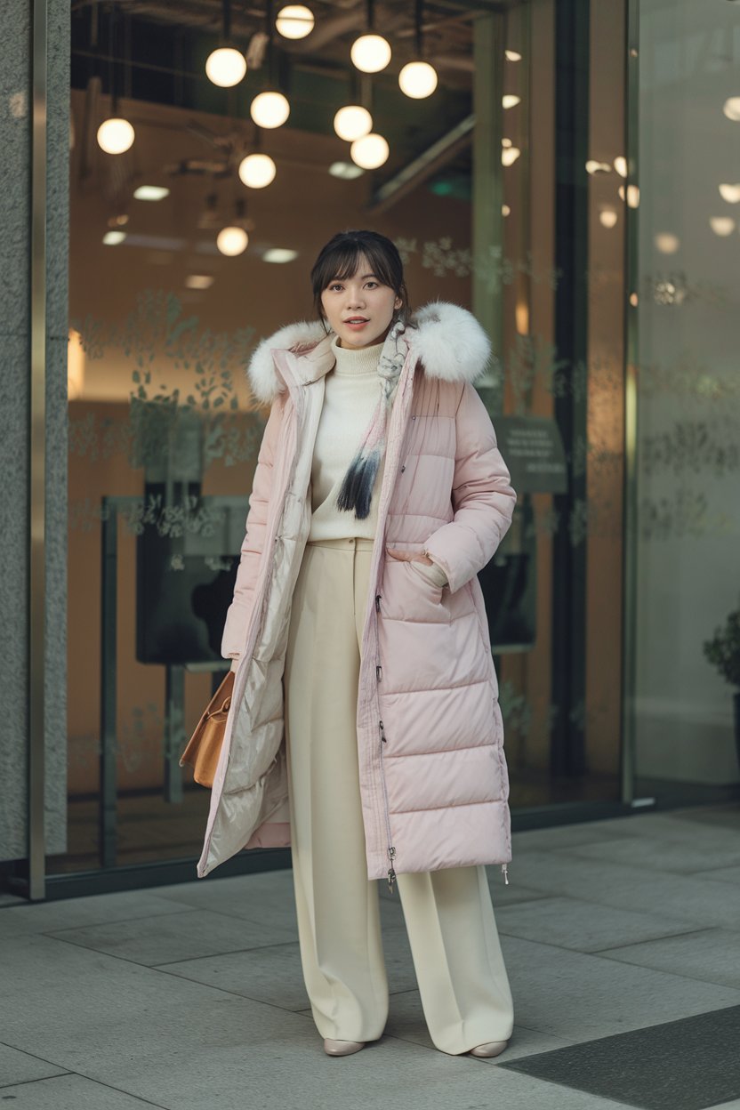 Japanese woman in pastel winter coat and cream
trousers, bright modern Fukuoka surroundings — japanese winter outfits.