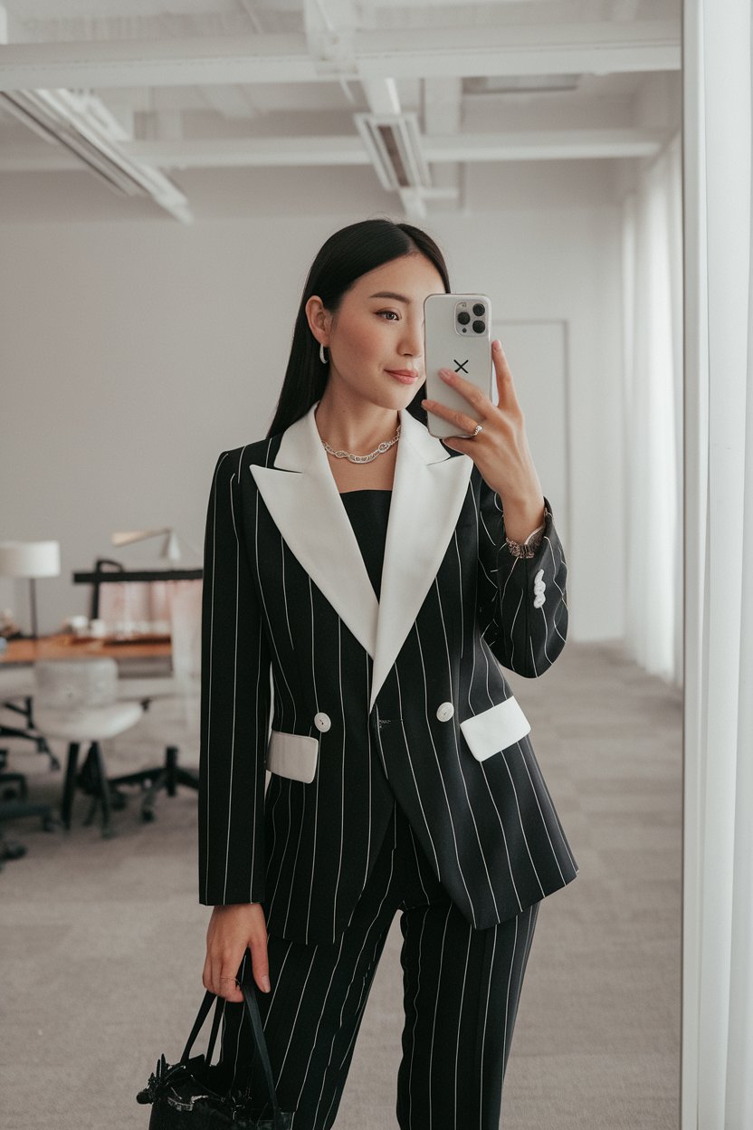 Japanese woman taking a mirror selfie wearing an
executive black-and-white power outfit with sharp tailoring, refined bright space — women black and white office outfits.