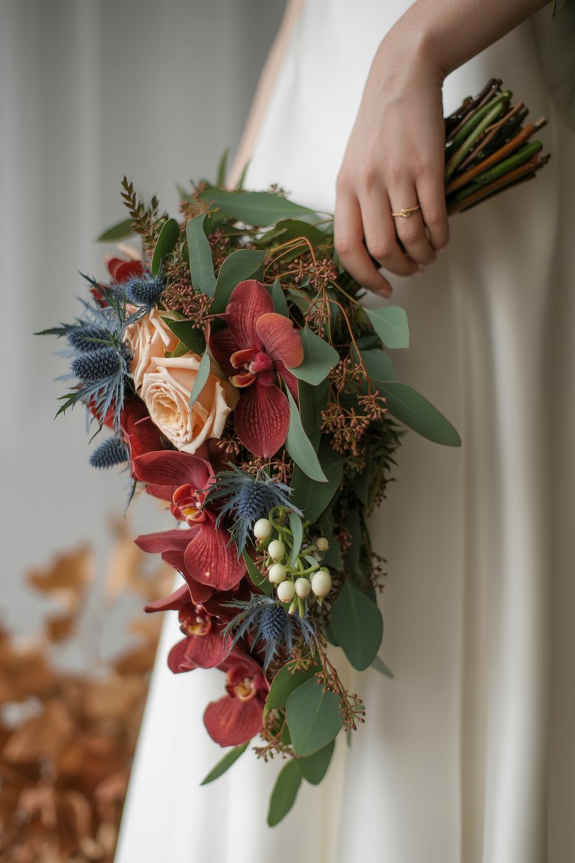 Close-up of burgundy fall bouquet with cascading amaranthus
