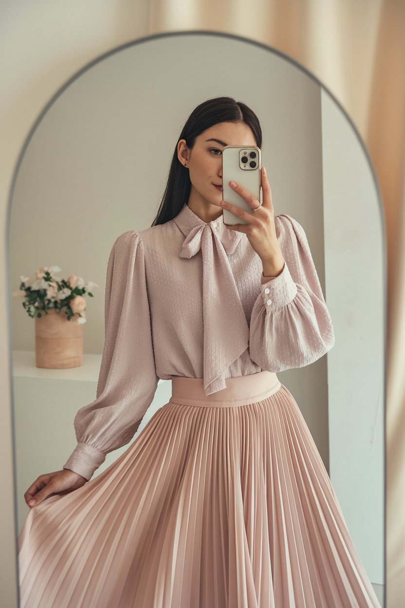 Japanese woman taking a mirror selfie in a refined pastel-toned spring outfit with structured flowy skirt, clean elegant background — japanese women spring fashion.