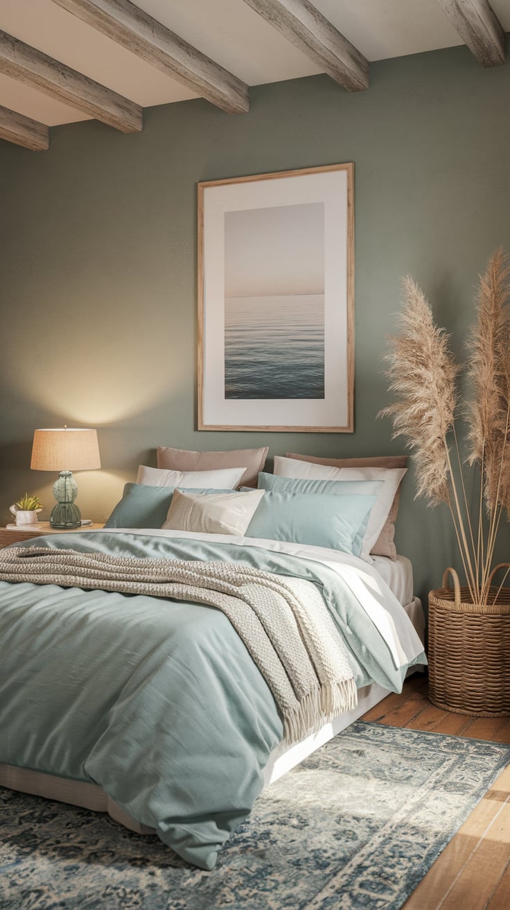 Modern blue boho kids’ room with a soft blue accent wall, neutral bedding, woven wall decor, and cozy textures creating a serene and inviting space