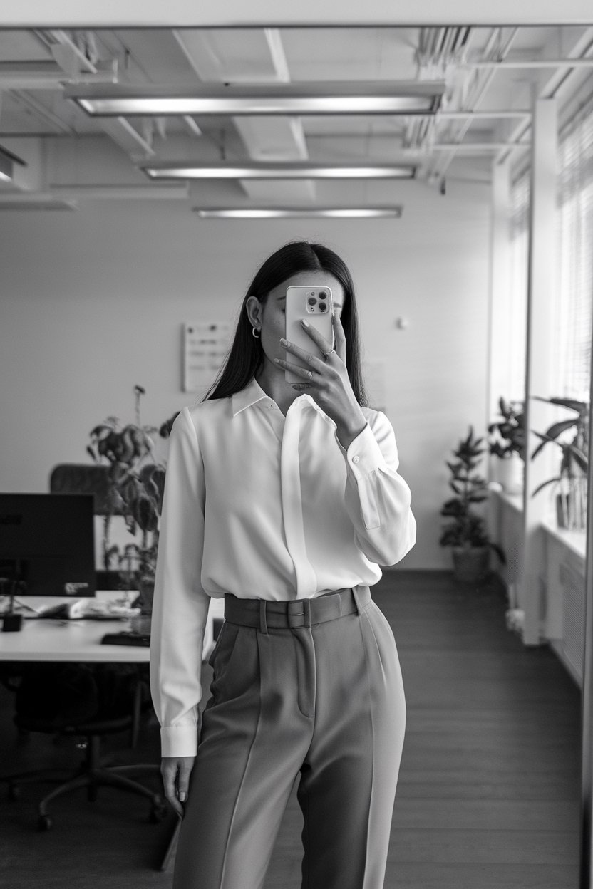 japanese Woman taking a mirror selfie wearing a
classic white minimalist business blouse with tailored trousers, clean office interior — women business blouse minimalist style.
