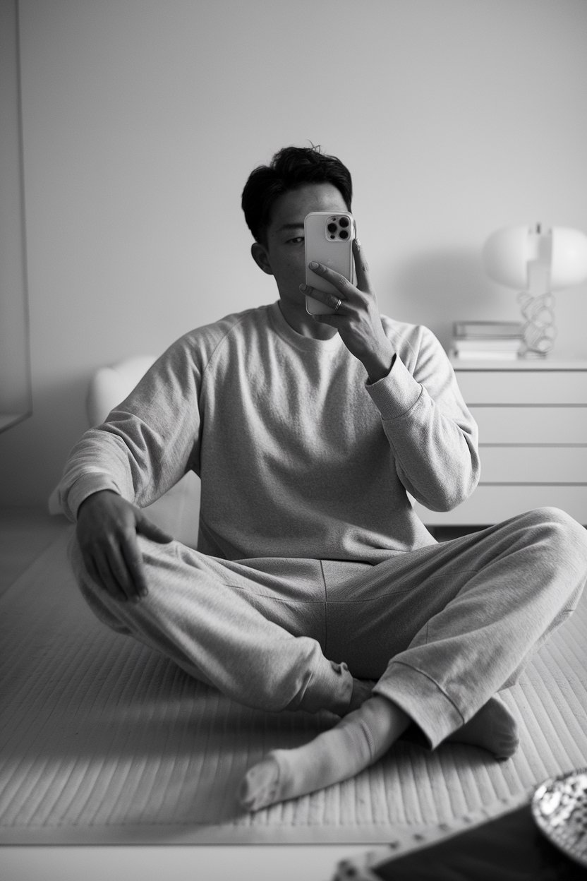 Japanese man taking a mirror selfie wearing a
relaxed monochrome lounge outfit with balanced proportions, soft refined lighting — japanese mens minimalist style.