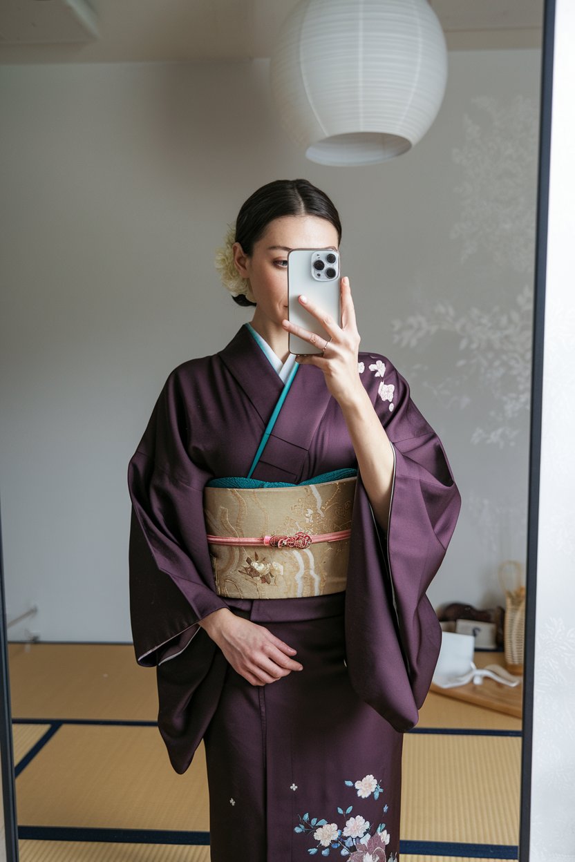 Japanese woman taking a mirror selfie in a
deep-colored formal kimono with a structured embroidered obi belt, refined minimal room — japanese women kimono fashion.