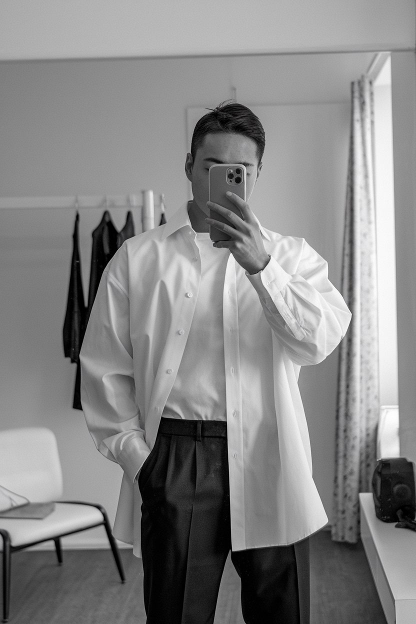 Japanese man taking a mirror selfie in minimal
streetwear with oversized shirt and fitted trousers, light clean interior — japanese mens business casual.