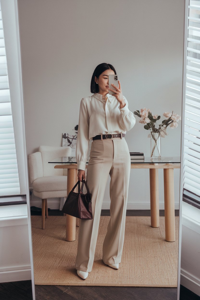 Japanese woman taking a mirror selfie wearing a
clean-cut blouse paired with straight trousers, sleek minimalist interior — women clean cut office wear.