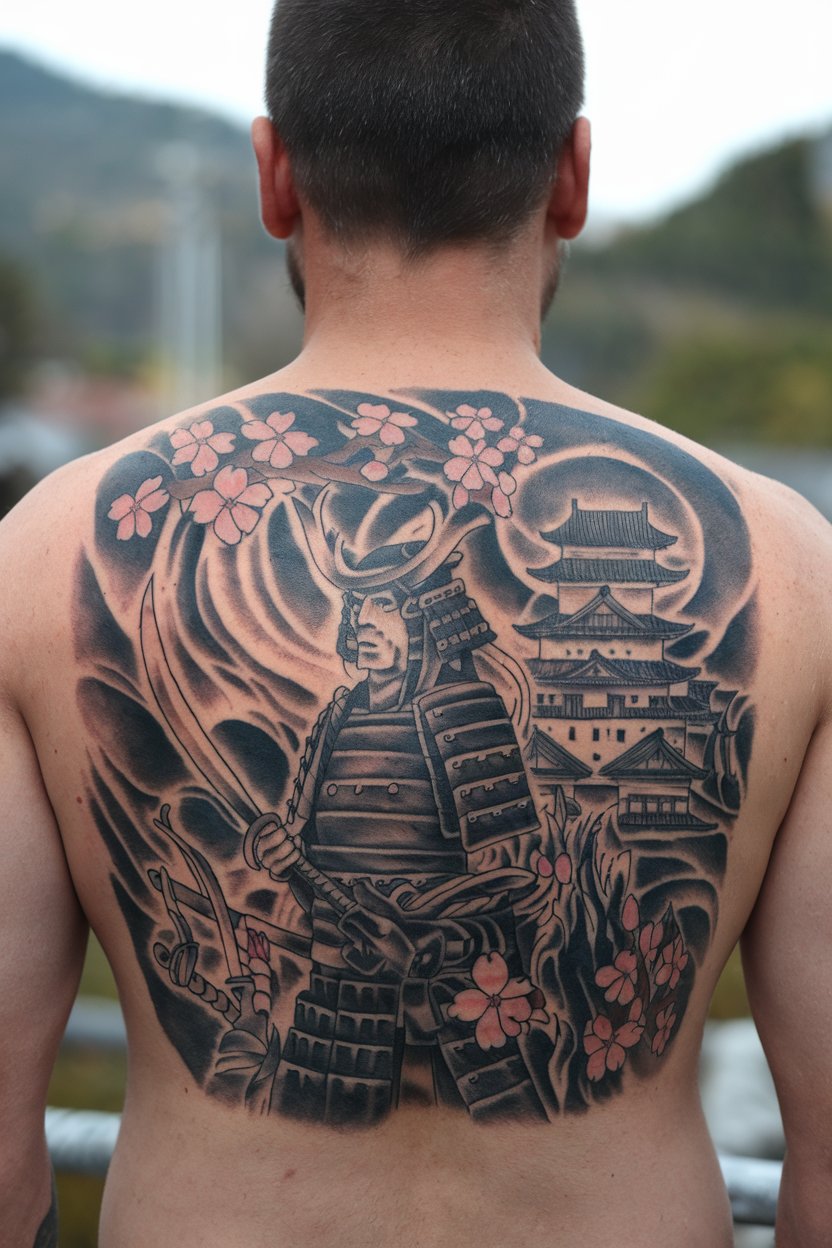 Samurai Tattoo back A detailed full-back tattoo
featuring a samurai, cherry blossoms, and a traditional Japanese castle