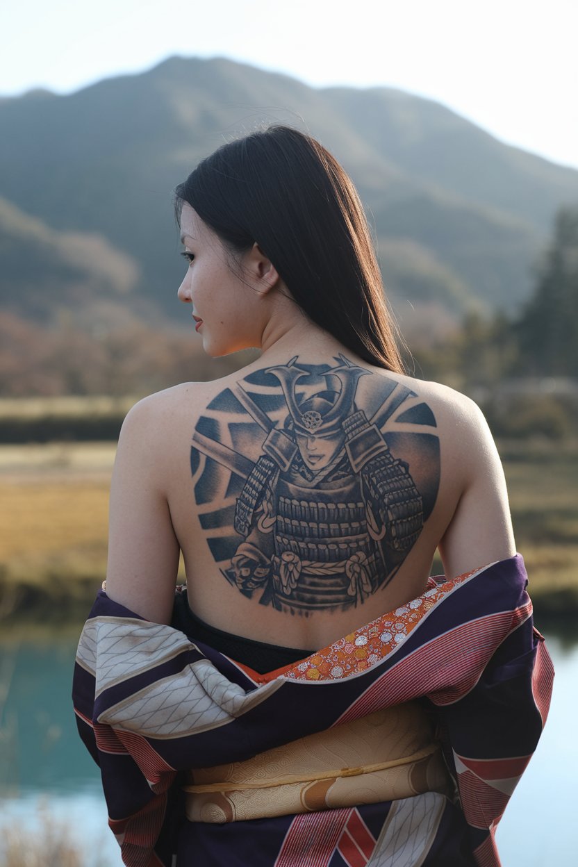A portrait of a woman featuring a bold samurai tattoo on her arm.