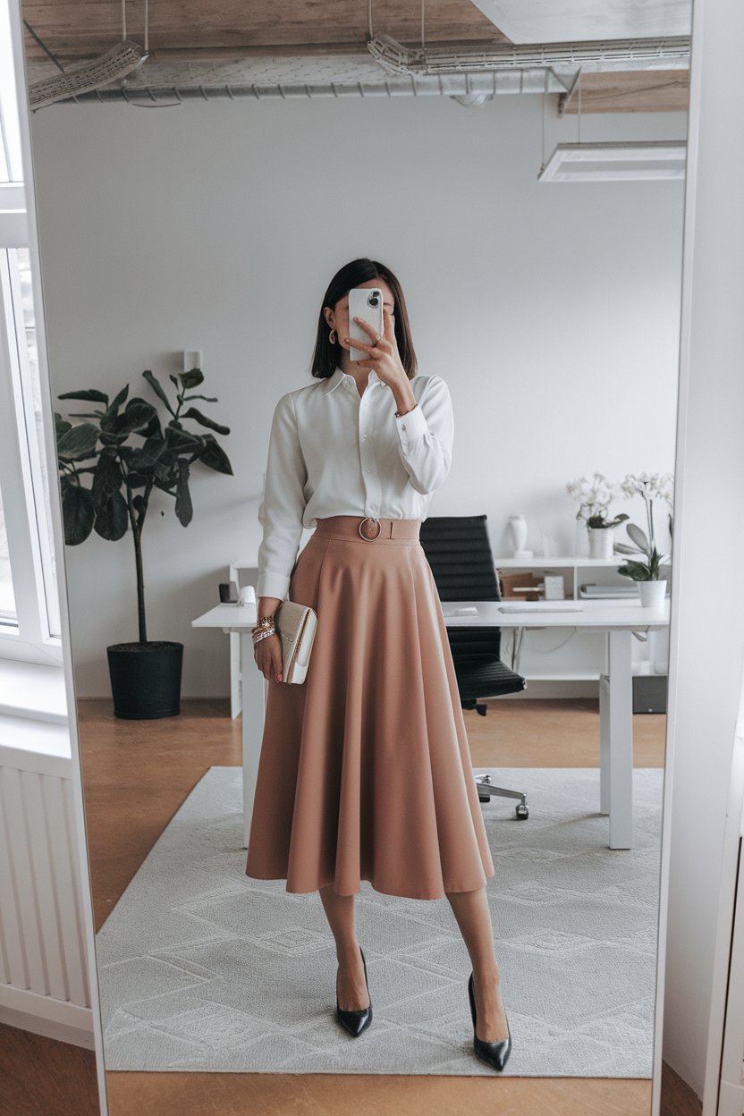 Japanese woman taking a mirror selfie wearing a
feminine midi skirt office outfit with clean lines, bright minimalist interior — women modern feminine office style.