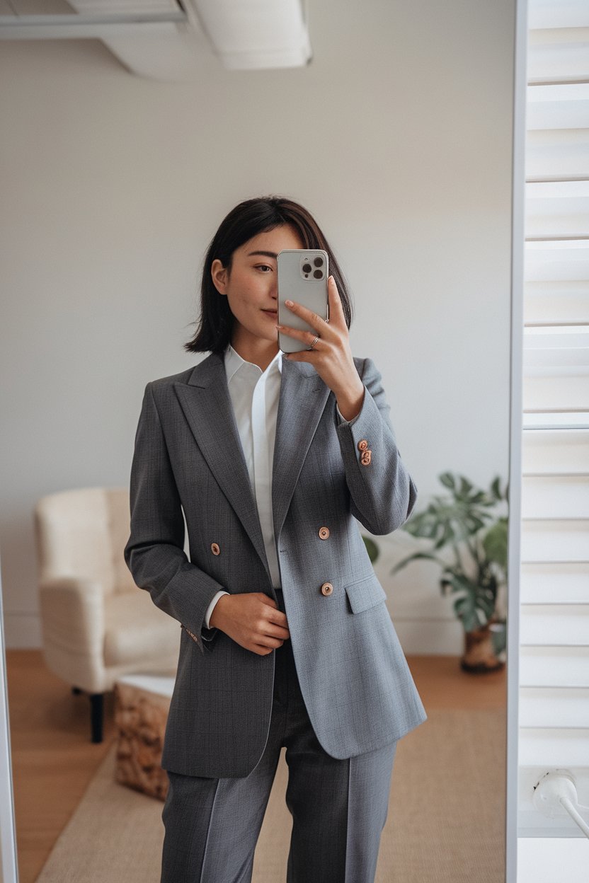 Japanese woman taking a mirror selfie wearing an
executive clean-cut office look with reduced details, calm professional setting — women clean cut office wear.
