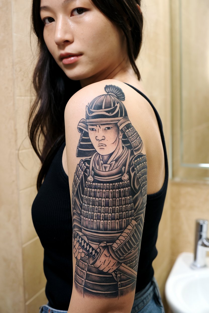 A portrait-style shot of a Japanese woman where both her face and Samurai minimalist tattoo stand out.