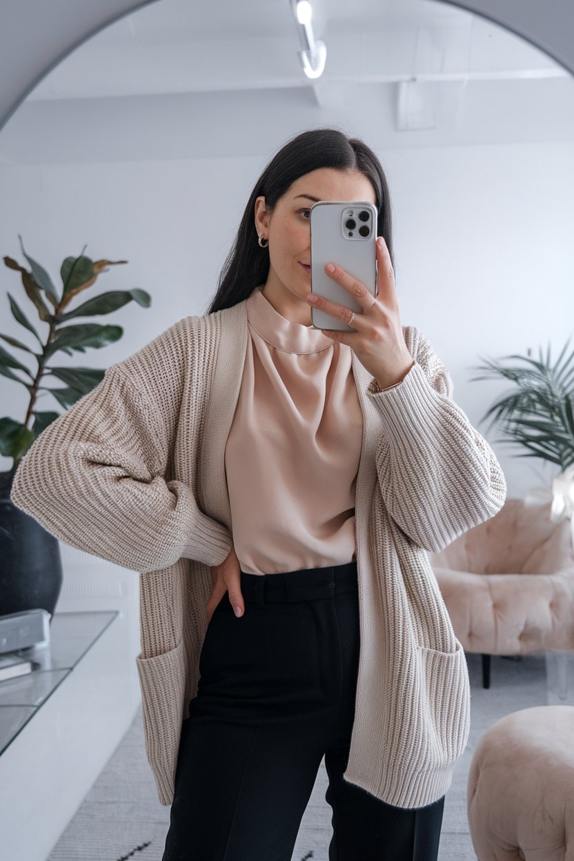 Japanese woman taking a mirror selfie wearing a
soft-toned cardigan over a minimalist blouse, modern professional space — women elegant business cardigan style.