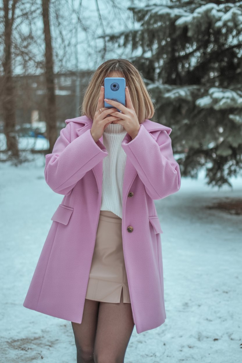 Woman capturing a mirror selfie wearing a pastel
winter coat and mini skirt with tights. The image shows only her outfit, with a bright, youthful winter mood.