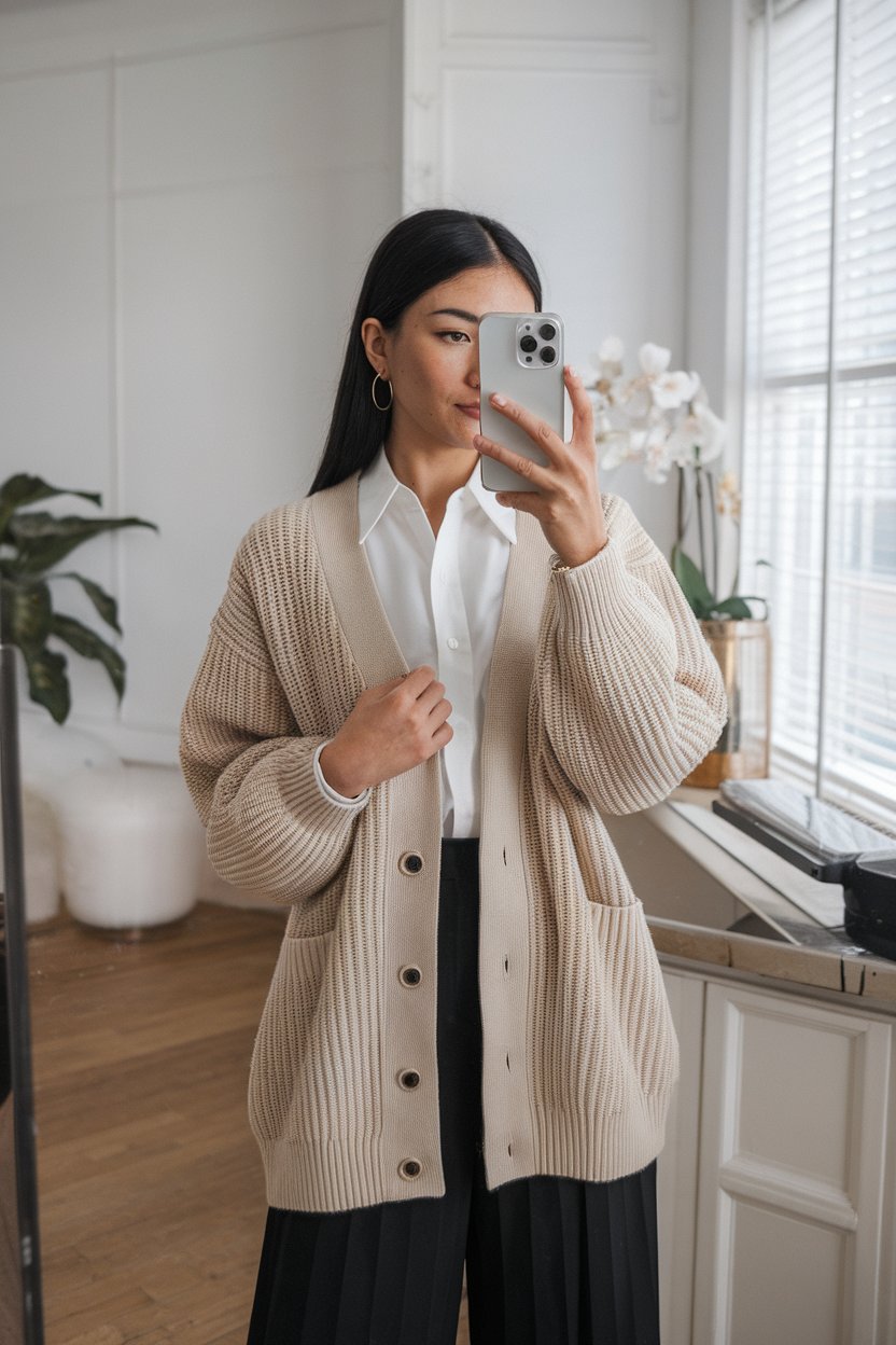 Japanese woman taking a mirror selfie wearing a
soft neutral cardigan office look with clean tailoring, elegant professional space — women business cardigan outfits.