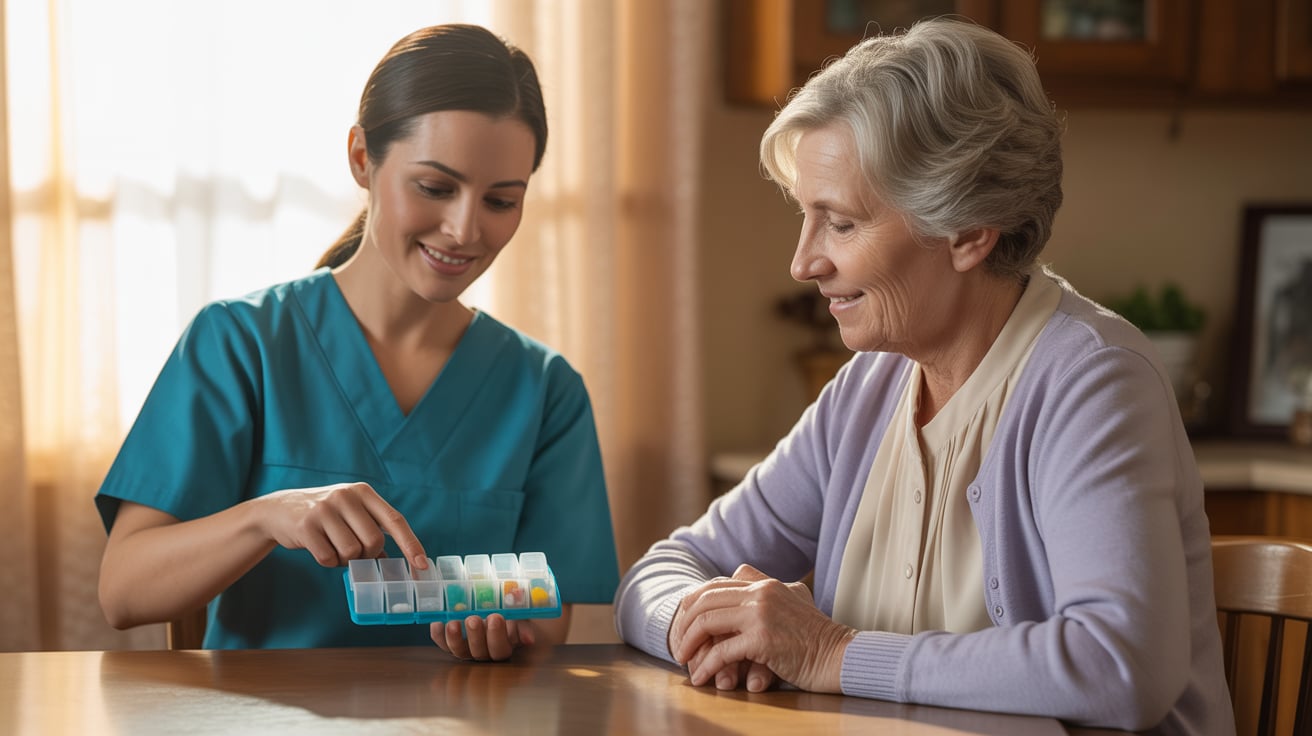 Caregiver supporting client with medication at home