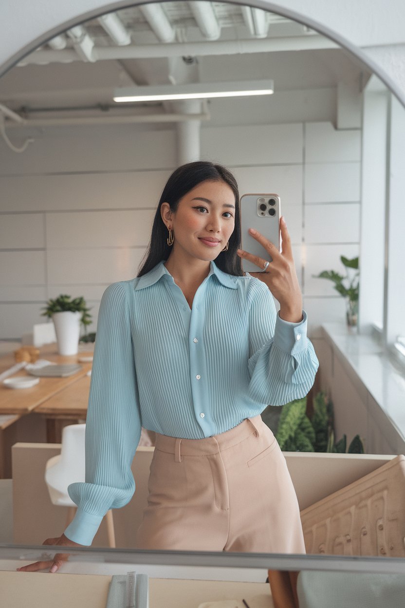 Japanese woman taking a mirror selfie wearing a
powder blue business blouse with feminine tailoring, modern office space — women pastel business look.