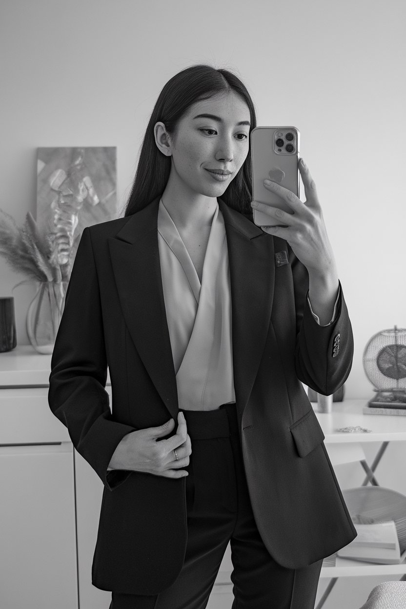 Japanese woman taking a mirror selfie wearing a
fitted blazer layered over a minimal blouse, modern professional space — women structured blazer office style.