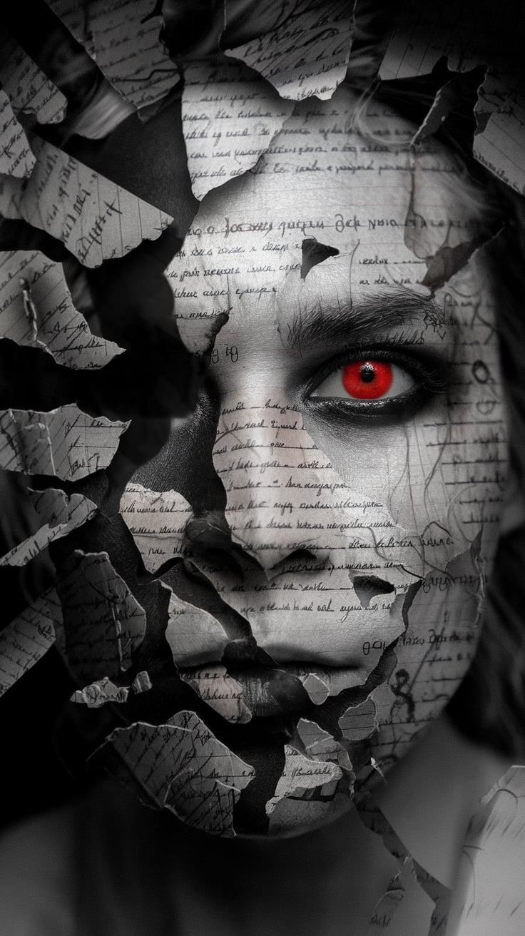 Xr24oduURDi5-BoavZFcHA A photo of a fragmented central face, predominantly in shades of black and gray, with a striking red eye. The face appears to be disintegrating or breaking apart, with pieces of text and symbols scattered across it. The text seems to be in a foreign script, and the symbols resemble handwritten notes or possibly some form of ancient or arcane script. The overall mood of the image is intense and mysterious, with the red eye being the focal point, drawing the viewer's attention immediately.