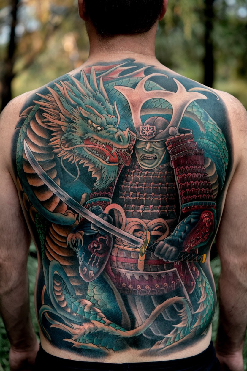 Samurai Tattoo back A detailed full-back tattoo
featuring a fierce samurai warrior and a majestic dragon