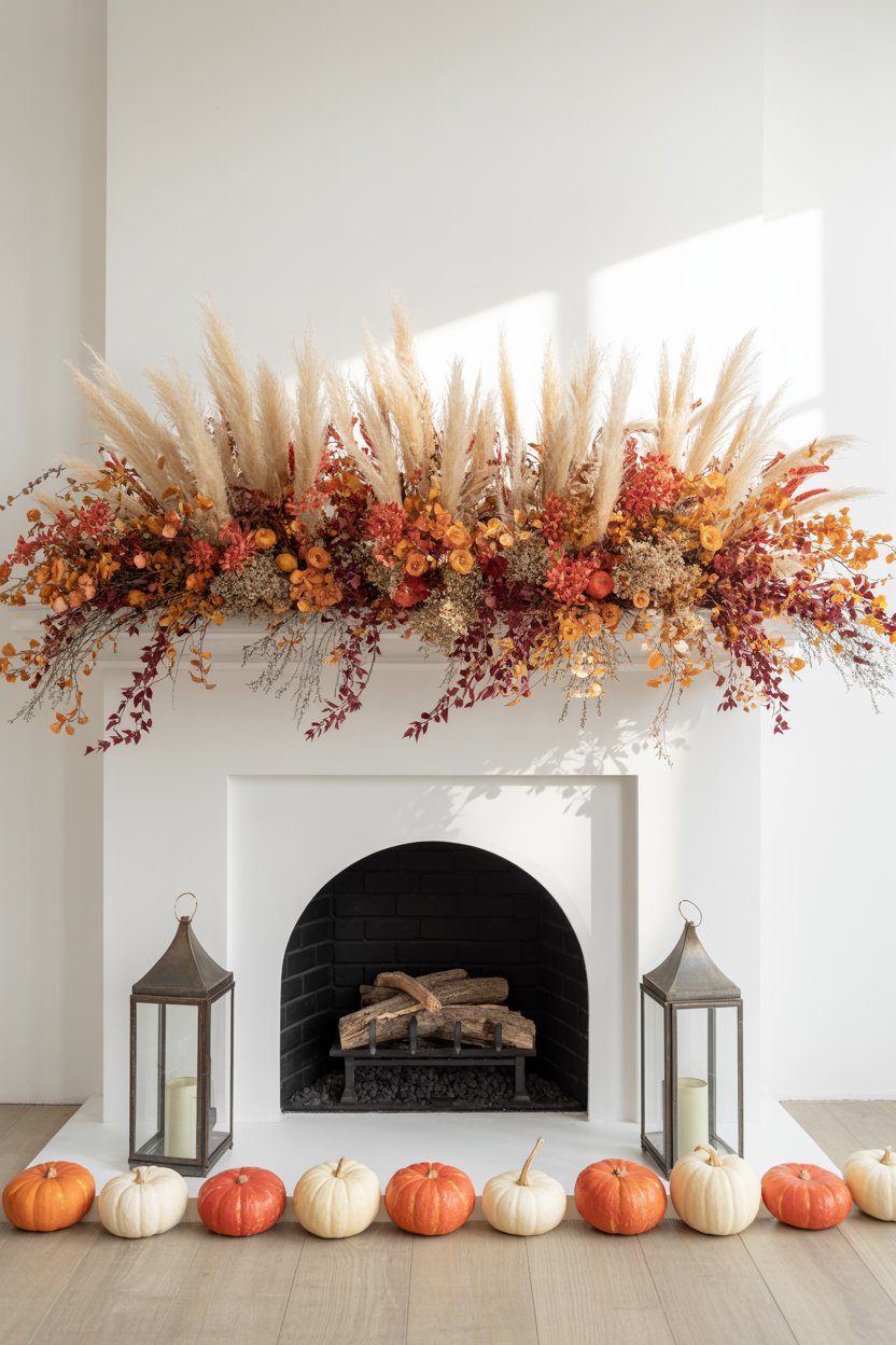 “Fall mantel ideas with warm white fairy lights and cozy textures”

