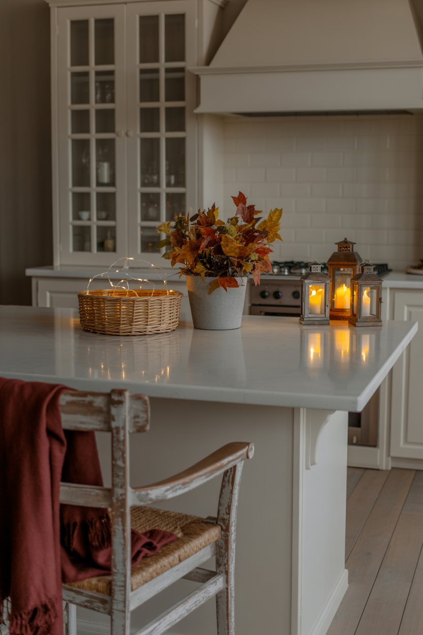 Rustic fall kitchen centerpiece with wooden cutting boards and dried wheat