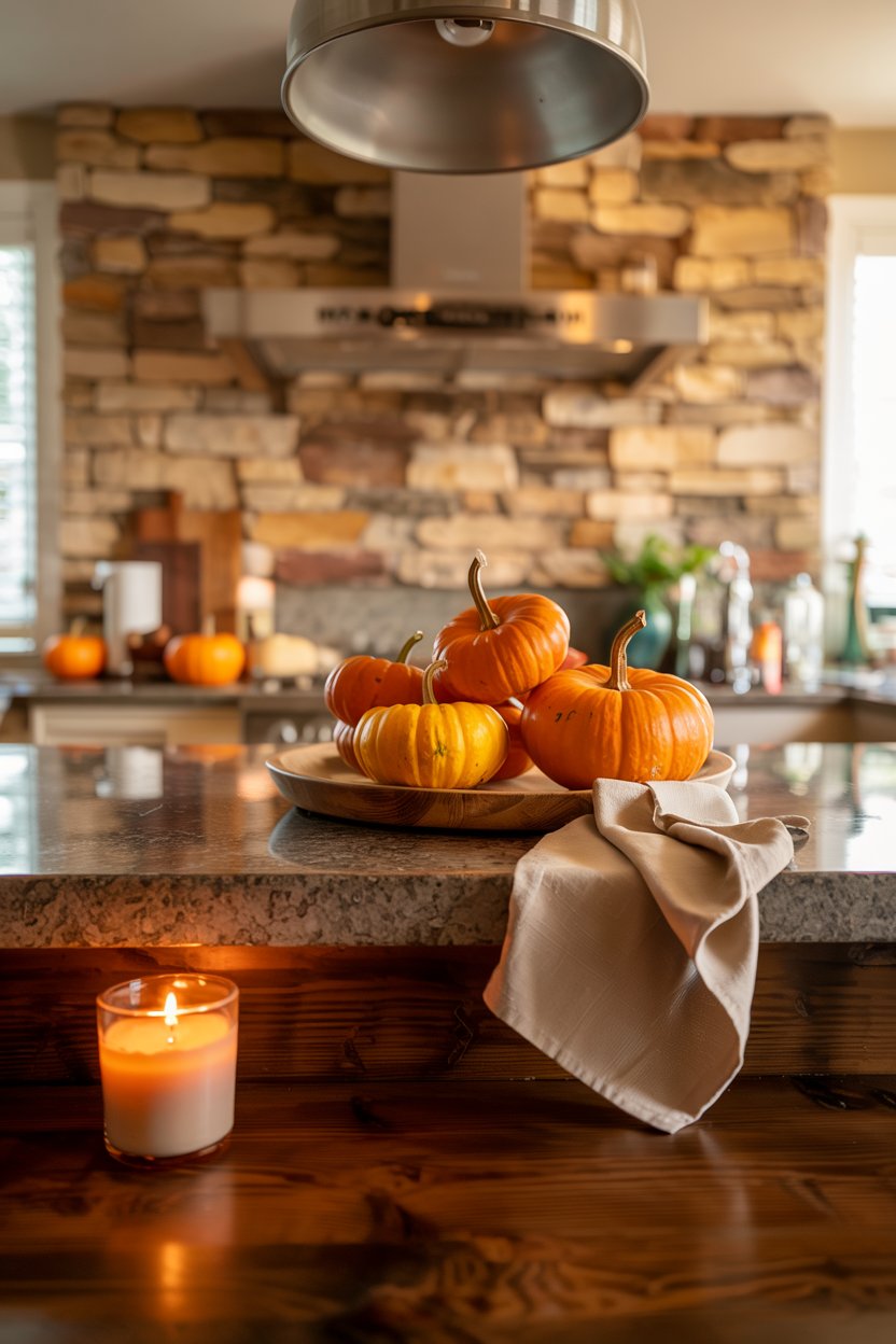 Fall table setting with a neutral linen runner and small pumpkins

