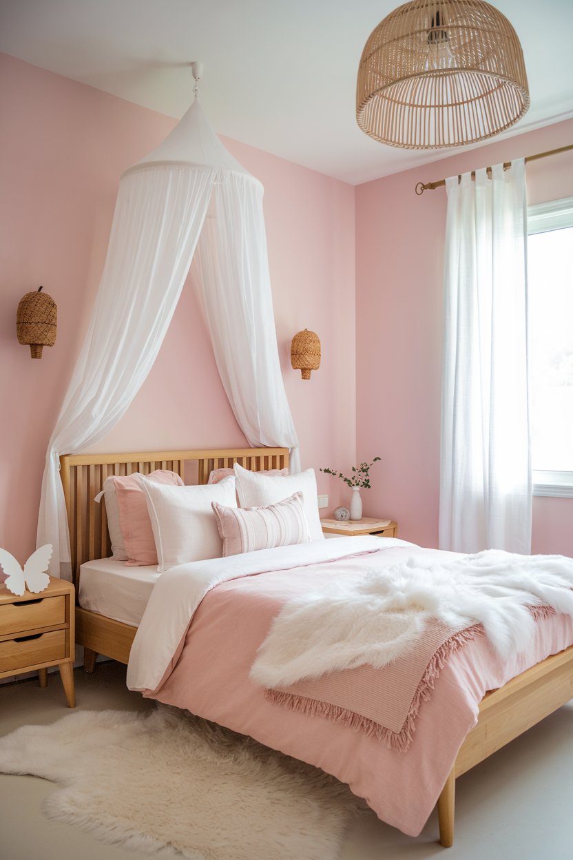 Modern girls’ bedroom with soft pink walls, a sleek bed with neutral bedding, a cozy reading nook, and playful wall art for a chic and inviting space