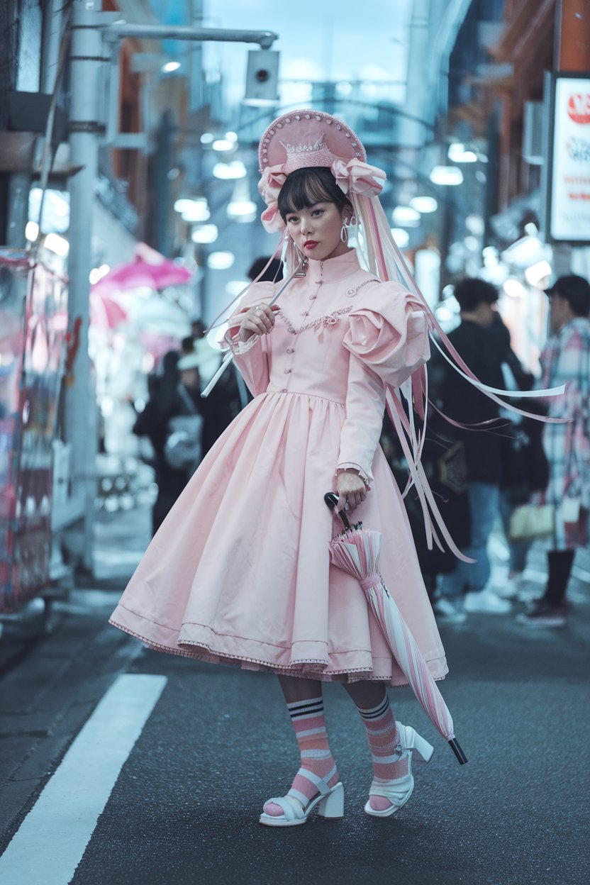 A photo of a Japanese woman in vibrant Harajuku
fashion, standing in a colorful Tokyo street. She is wearing a pastel pink dress with a high collar and puffy sleeves. She has a matching pink headpiece with a high crown and long, flowing pink and white ribbons. The woman is wearing a pair of pastel pink and white striped socks and a pair of white sandals. She is holding a pink and white striped umbrella. The background is filled with lively urban elements, including buildings, streetlights, and other pedestrians.