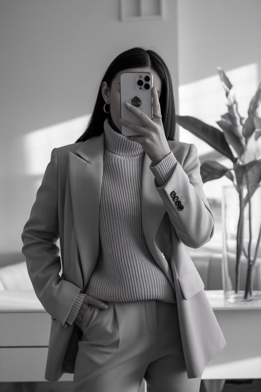 Japanese woman taking a mirror selfie with her face
fully obscured, wearing a layered business outfit featuring a knit pullover and clean tailored pieces. Soft lighting, refined minimalist interior, modern office aesthetic — women business knit pullover style.
